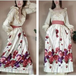 Vintage 70s Bohemian Ensemble Blouse Skirt Set M L